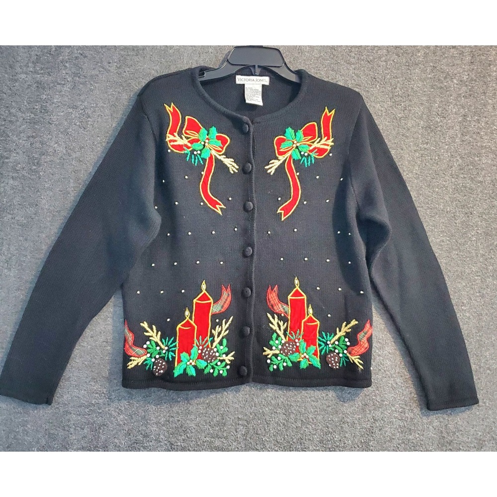 Victoria Jones Holiday Sweater Womens M Black Christmas Candles & Bows‎ Buttons